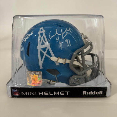 Autographed/Signed Earl Campbell & Warren Moon "HOF 91" & "HOF 06" Houston Oilers Mini Football Helmet Beckett BAS COA