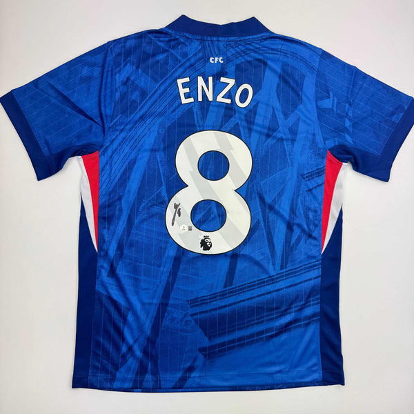 Autographed/Signed Enzo Fernandez Chelsea FC Blue Soccer Futbol Jersey Beckett BAS COA