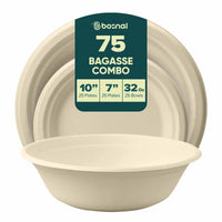 Bosnal – Sugarcane Bagasse Compostable 10 inch & 7 inch Round Plates with 32 Oz Bowls