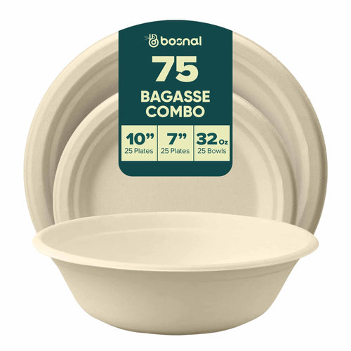 Bosnal – Sugarcane Bagasse Compostable 10 inch & 7 inch Round Plates with 32 Oz Bowls