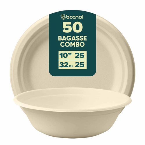 Bosnal - Sugarcane Bagasse Compostable 10 inch Round Plates with 32 oz Bowls