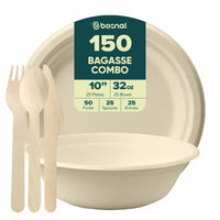 Bosnal – Sugarcane Bagasse Compostable 10 inch Round Plates with 32 Oz Bowls and Cutlery