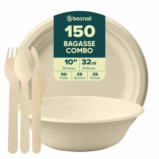 Bosnal – Sugarcane Bagasse Compostable 10 inch Round Plates with 32 Oz Bowls and Cutlery