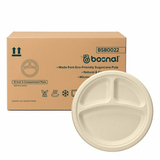 10 Inch Round 3-Compartment Compostable Plates, 500 Pcs, 100% Sugarcane Bagasse, Microwave Safe, BPA-Free, Leak-Resistant