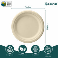 7 Inch Round Compostable Plates, 100% Sugarcane Bagasse, Eco-Friendly Disposable Plates, Microwave Safe, BPA-Free, Leak-Resistant