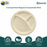 10 Inch Round 3-Compartment Compostable Plates, 500 Pcs, 100% Sugarcane Bagasse, Microwave Safe, BPA-Free, Leak-Resistant