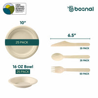 Bosnal – Sugarcane Bagasse Compostable 10 inch Round Plates with 16 Oz Bowls and Cutlery