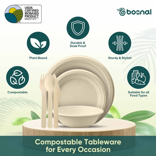 Bosnal – Sugarcane Bagasse Compostable 10 inch & 7 inch Round Plates with 16 Oz Bowls and Cutlery