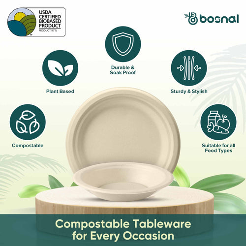 Bosnal - Sugarcane Bagasse Compostable 10 inch Round Plates with 16 Oz Bowls