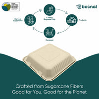 Bosnal - Sugarcane Bagasse Compostable Clamshell Boxes, 9 inch 3-Compartment, Square