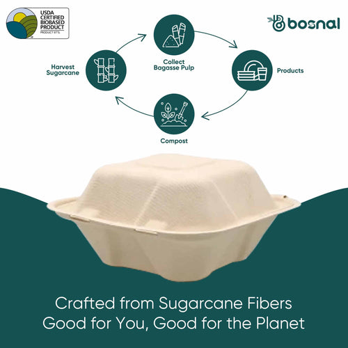 Bosnal - Sugarcane Bagasse Compostable 6inch Square Clamshell Containers - Case of 20 (500 Pcs)