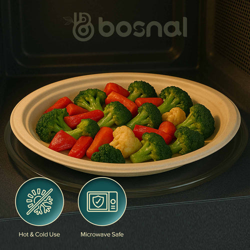 7 Inch Round Compostable Plates, 100% Sugarcane Bagasse, Eco-Friendly Disposable Plates, Microwave Safe, BPA-Free, Leak-Resistant