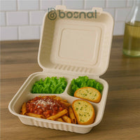 Bosnal - Sugarcane Bagasse Compostable 9 Inch 3-Compartment Clamshell - Case of 8 (200 Pcs)
