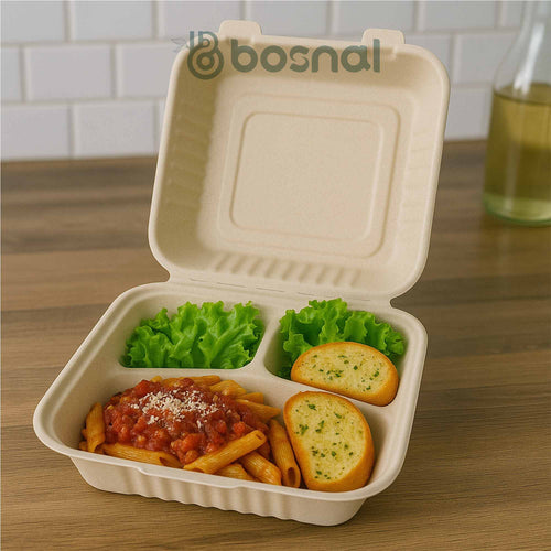 Bosnal - Sugarcane Bagasse Compostable 9 Inch 3-Compartment Clamshell - Case of 8 (200 Pcs)