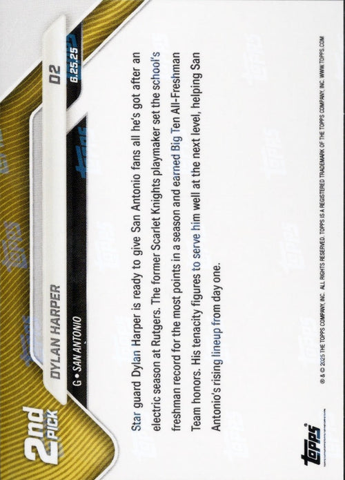 2025 Topps Now Dylan Harper #D2 Blue Foil /75 San Antonio Spurs Rookie RC Basketball Card