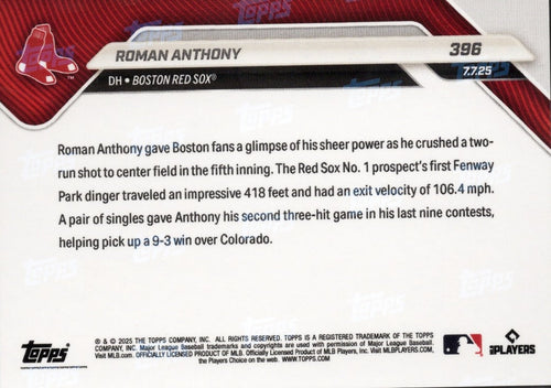 2025 Topps Now Roman Anthony #396 Gold Foil /50 Boston Red Sox Rookie RC Baseball Card