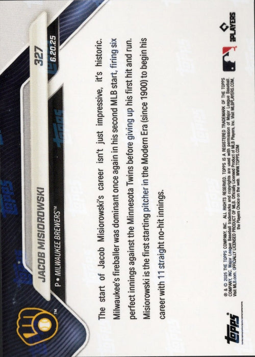 2025 Topps Now Jacob Misiorowski #327 Orange Foil /25 Milwaukee Brewers Rookie RC Baseball Card