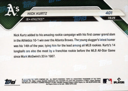 2025 Topps Now Nick Kurtz #401 Gold Foil /50 Athletics Rookie RC Baseball Card