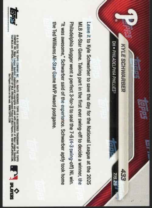 2025 Topps Now Kyle Schwarber #433 Orange Foil /25 Philadelphia Phillies Baseball Card