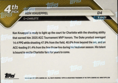 2025 Topps Now Kon Knueppel #D4 Green Foil /99 Charlotte Hornets Rookie RC Basketball Card