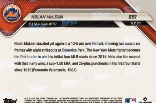 2025 Topps Now Nolan McLean #651 Red Foil /5 New York Mets Rookie RC Baseball Card