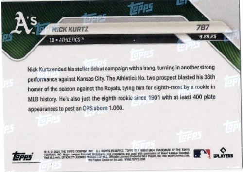 2025 Topps Now Nick Kurtz #787 Gold Foil /50 Athletics Rookie RC Baseball Card