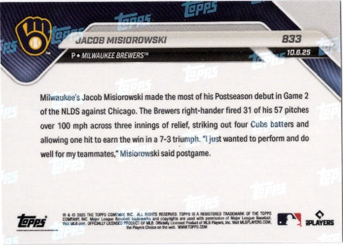 2025 Topps Now Jacob Misiorowski #833 Black Foil /10 Milwaukee Brewers Rookie RC Baseball Card