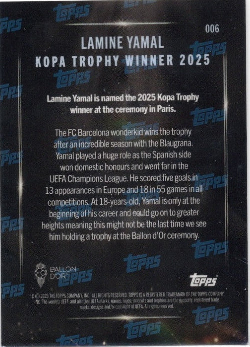2025 Topps Now Lamine Yamal #006 Kopa Trophy Winner Gold Foil /50 Soccer Card