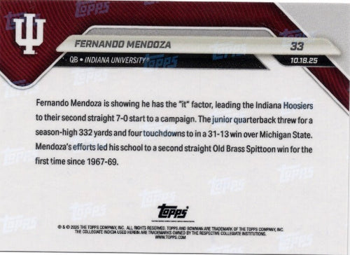 2025 Topps Bowman U Now Fernando Mendoza #33 Black Foil /10 Indiana Hoosiers Rookie RC Football Card