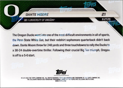 2025 Topps Bowman U Now Dante Moore #21 Orange Foil /25 Oregon Ducks Rookie RC Football Card
