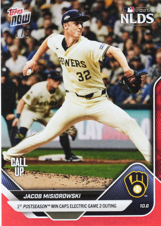 2025 Topps Now Jacob Misiorowski #833 Red Foil /5 Milwaukee Brewers Rookie RC Baseball Card