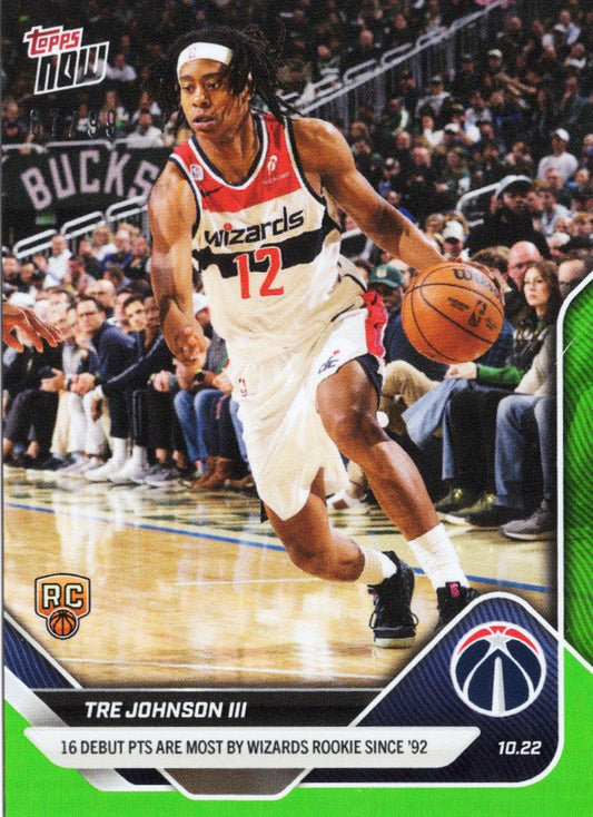 2025 Topps Now Tre Johnson #14 Green Foil /99 Washington Wizards Rookie RC Basketball Card