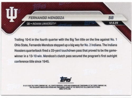 2025 Topps Bowman U Now Fernando Mendoza #58 Gold Foil /50 Indiana Hoosiers Rookie RC Football Card