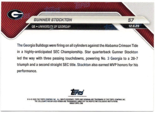 2025 Topps Bowman U Now Gunner Stockton #57 Red Foil /5 Georgia Bulldogs Rookie RC Football Card