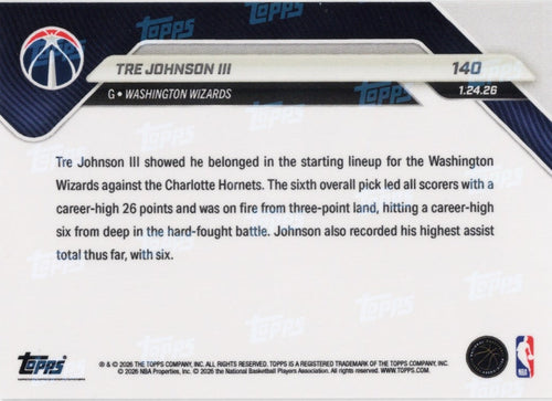 2025 Topps Now Tre Johnson #140 Black Foil /10 Washington Wizards Rookie RC Basketball Card