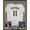 Framed Autographed/Signed Jackson Chourio 35x39 Milwaukee Pinstripe Baseball Jersey Beckett BAS COA