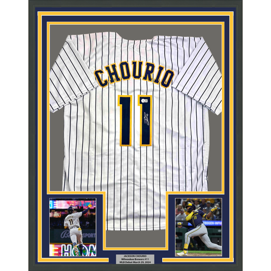 Framed Autographed/Signed Jackson Chourio 35x39 Milwaukee Pinstripe Baseball Jersey Beckett BAS COA