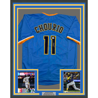 Framed Autographed/Signed Jackson Chourio 35x39 Milwaukee Blue Baseball Jersey Beckett BAS COA