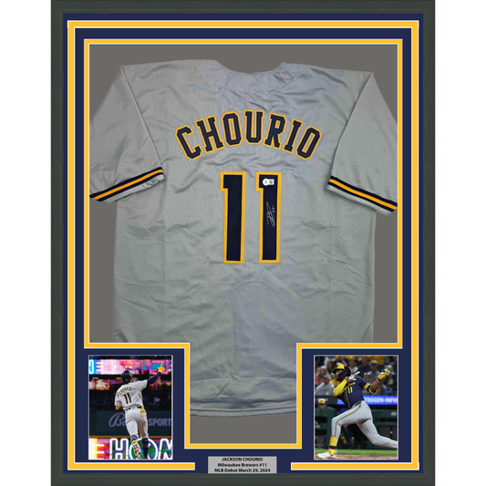 Framed Autographed/Signed Jackson Chourio 35x39 Milwaukee Grey Baseball Jersey Beckett BAS COA