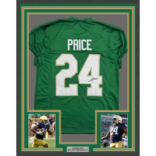 Framed Autographed/Signed JaDarian Price 35x39 Notre Dame Green College Football Jersey JSA COA