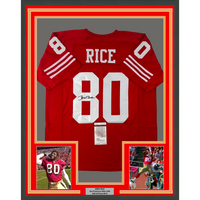 Framed Autographed/Signed Jerry Rice 35x39 San Francisco Red Football Jersey JSA COA