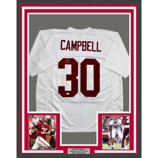 Framed Autographed/Signed Jihaad Campbell 35x39 Alabama White College Football Jersey JSA COA
