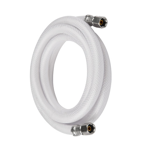 8ft Fridge Ice Maker Water Connector Line, Polyester Reinforced PVC, 1/4" Comp By 1/4" Comp Connection, White