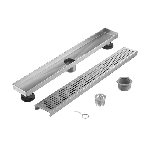 36" Linear Shower Drain, Square Hole Pattern Shower Drain, Brushed 304 Stainless Steel Linear Drain with Levelingft & Hair Strainer