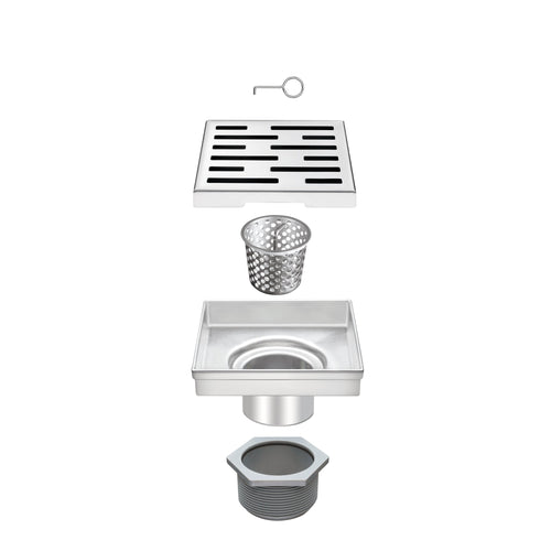 6" Square Shower Drain with Removable Grate Brushed Polished 304 Stainless Steel Shower Drain Floor Shower Drain with Hair Strainer Adjustable Levellingft