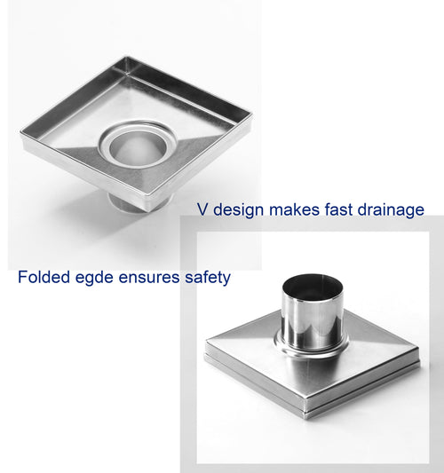6" Square Shower Drain with Flat Cover, Stainless Steel Shower Floor Drain with 2 in 1 Flat & Tile Insert Cover, Floor Shower Drain with Hair Strainer