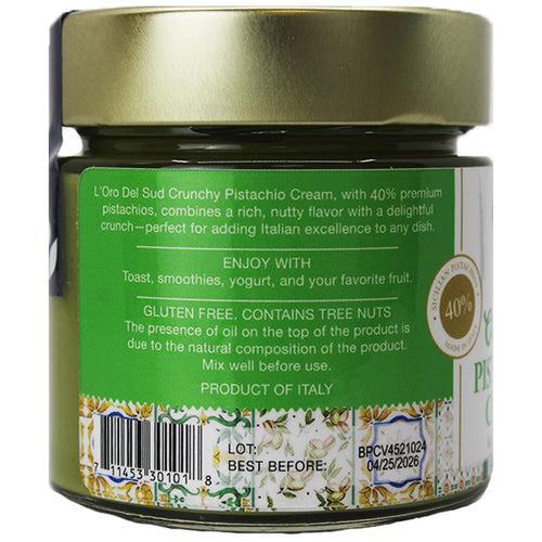LOro Del Sud, Crunchy Pistachio Cream Premium 40% Pistachios, 7oz (200g)