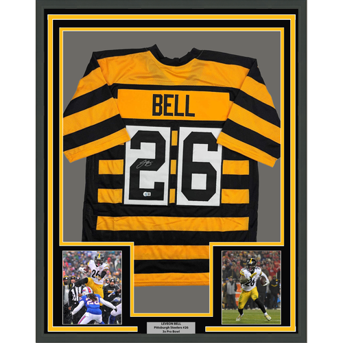 Framed Autographed/Signed Le'Veon LeVeon Bell 35x39 Pittsburgh Bumble Bee Jersey JSA COA