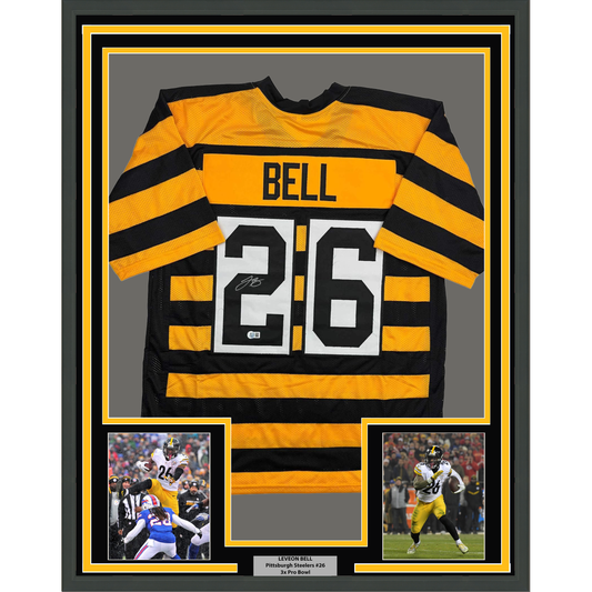 Framed Autographed/Signed Le'Veon LeVeon Bell 35x39 Pittsburgh Bumble Bee Jersey JSA COA