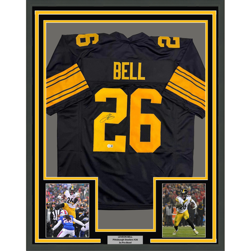 Framed Autographed/Signed Le'Veon LeVeon Bell 35x39 Pittsburgh Black Color Rush Jersey JSA COA